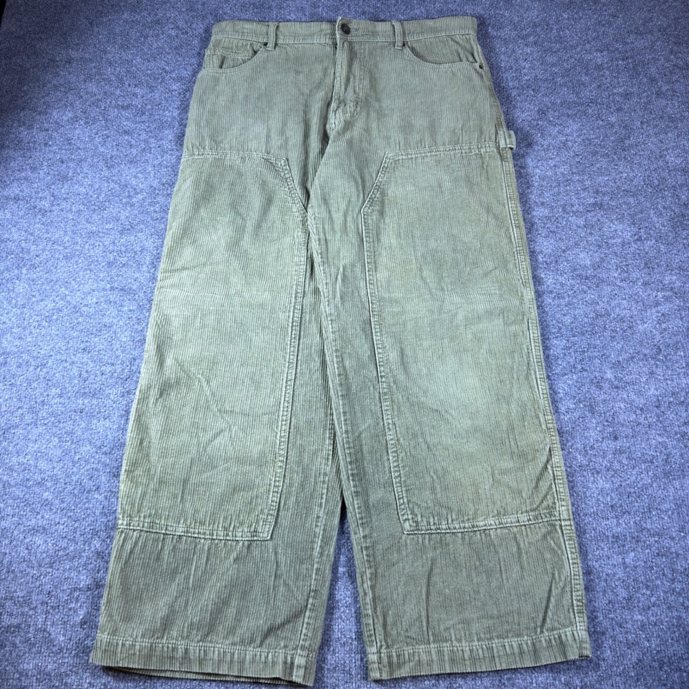 Vintage No Boundaries Mens Corduroy Pants Sage Green Double Knee Y2K Style 34x31